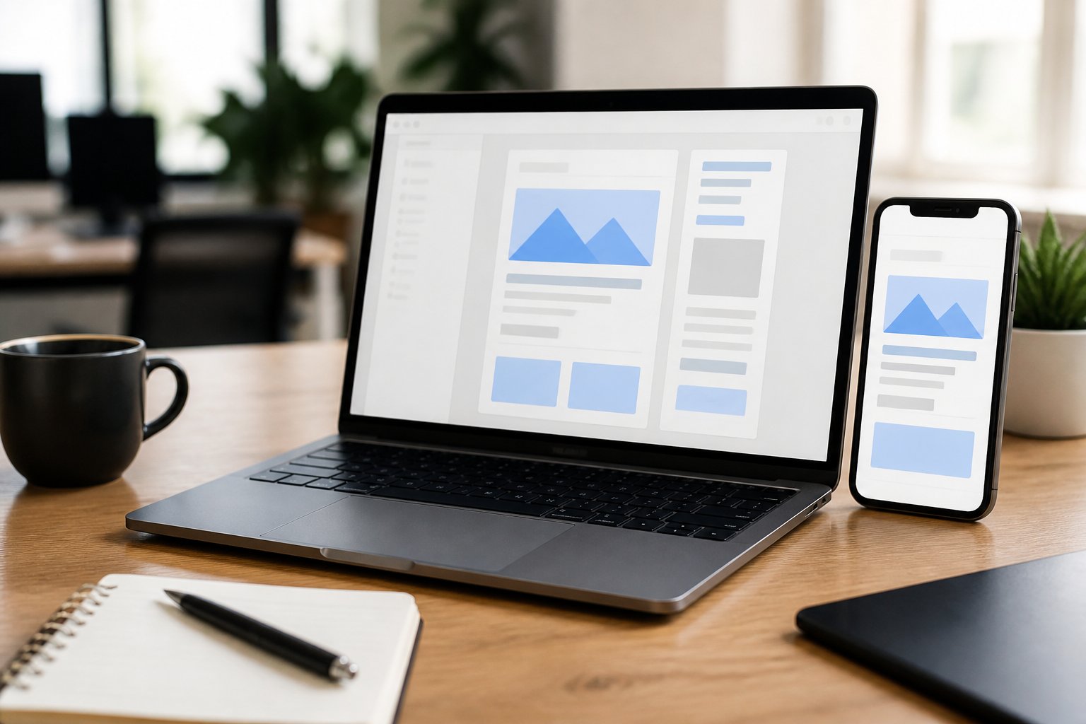 A laptop and smartphone on a desk showing email layouts, with a notebook and coffee cup nearby.
