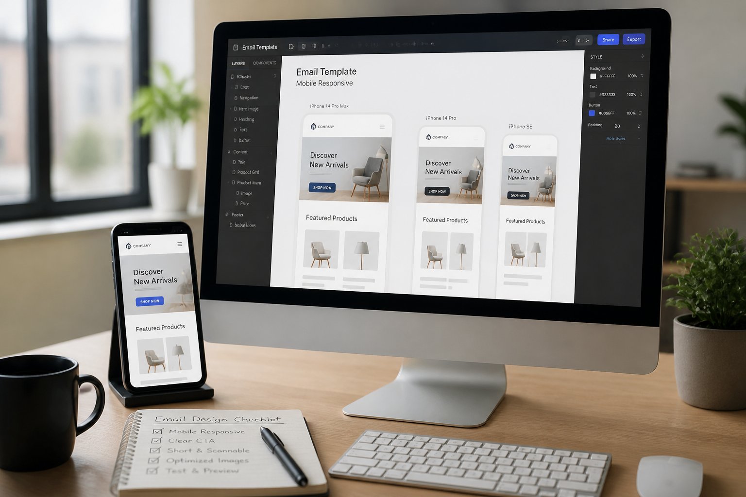 A workspace with a computer monitor showing mobile email design wireframes and a smartphone displaying a responsive email preview.