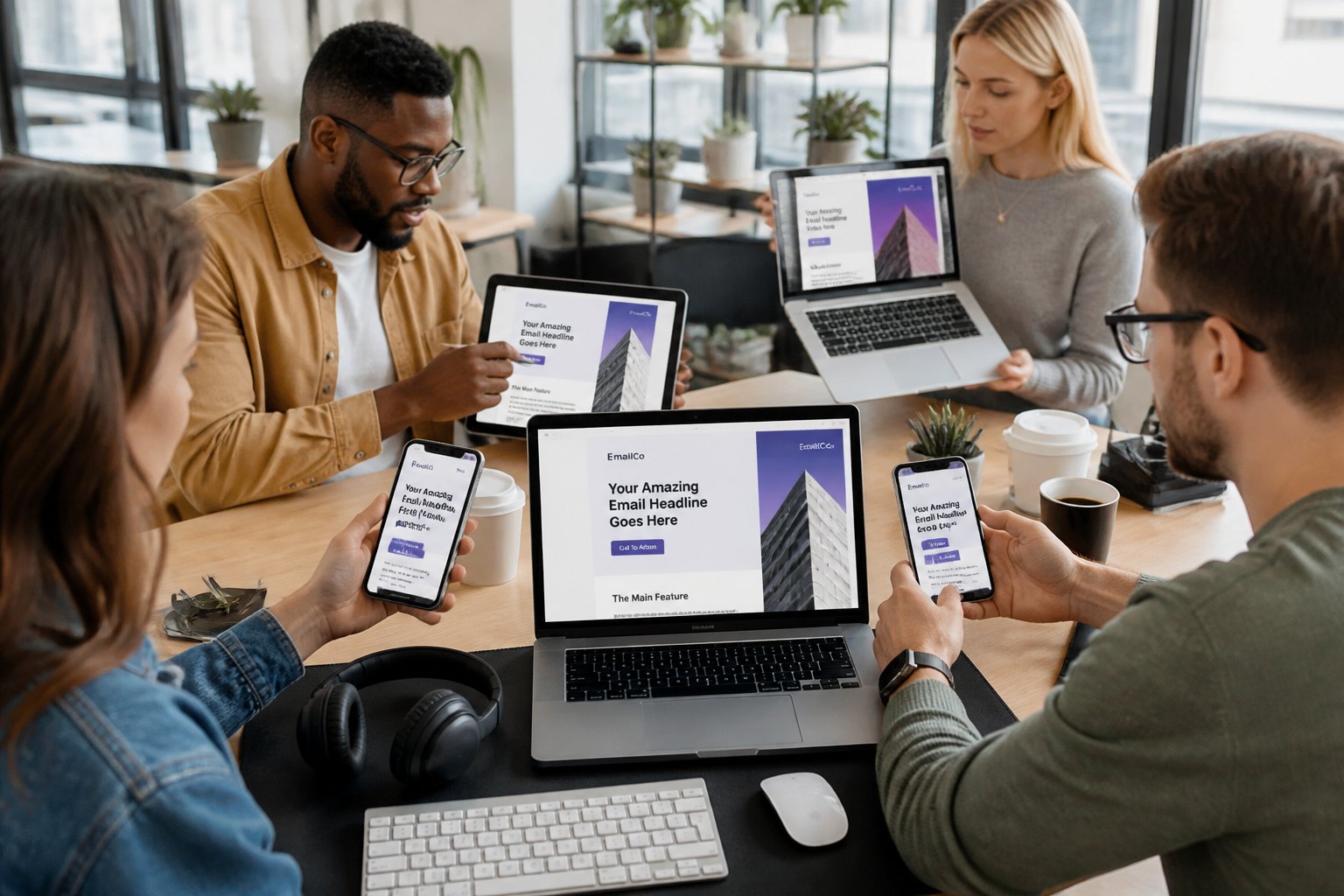 People in an office testing email designs on smartphones, tablets, and laptops.