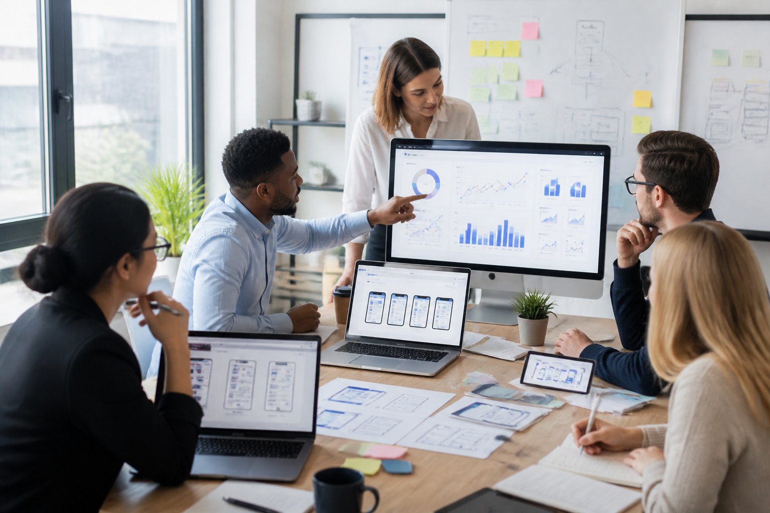 A group of professionals working together around a desk with laptops and mobile devices showing email designs and data charts in a bright office.